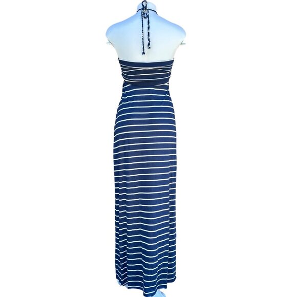 Tbags Los Angeles Halter Striped Blue White Key Hole Maxi Dress Size S - Picture 4 of 9